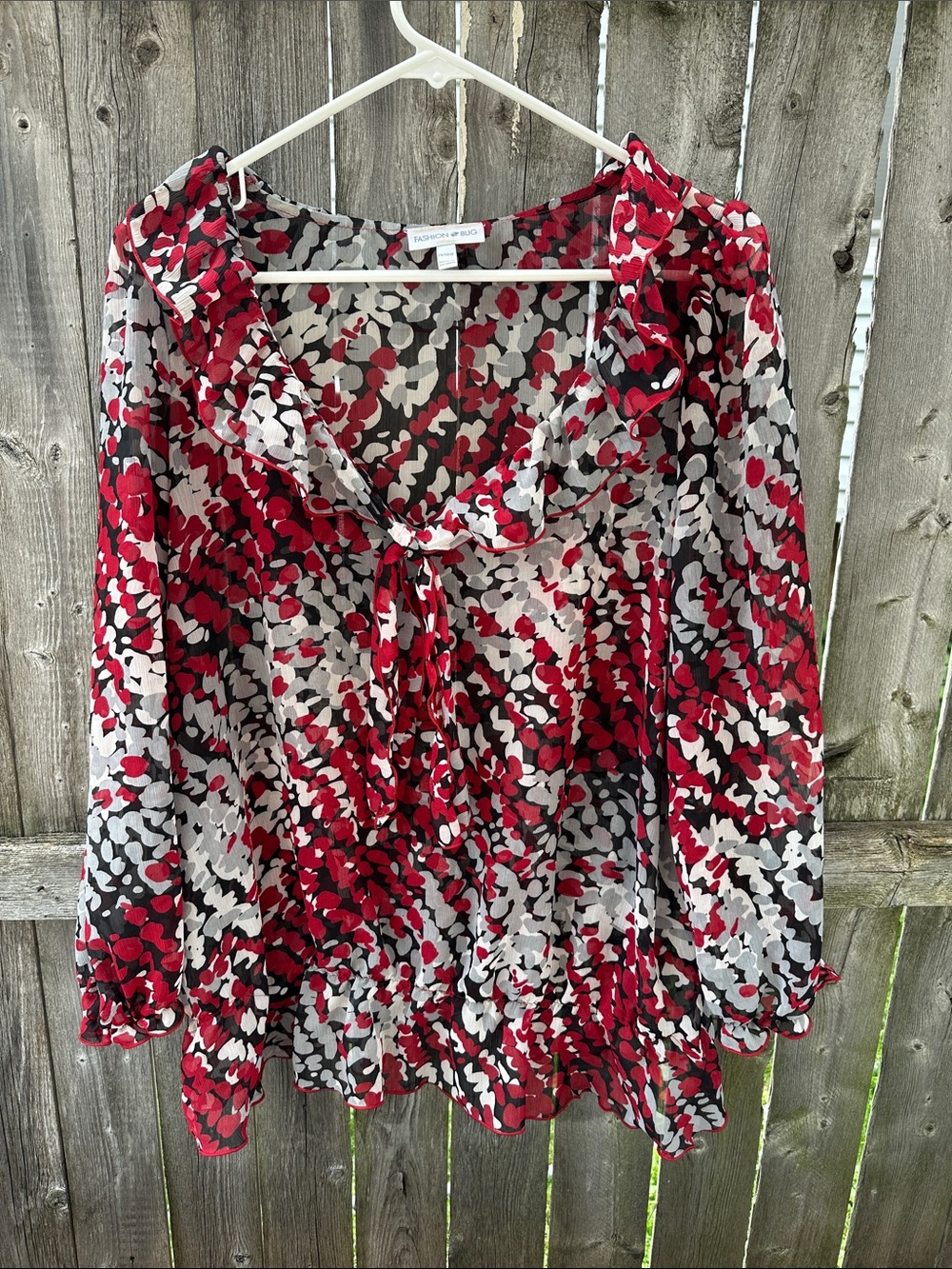 Fashion Bug Red, Black & White Floral Tie-Neck Blouse